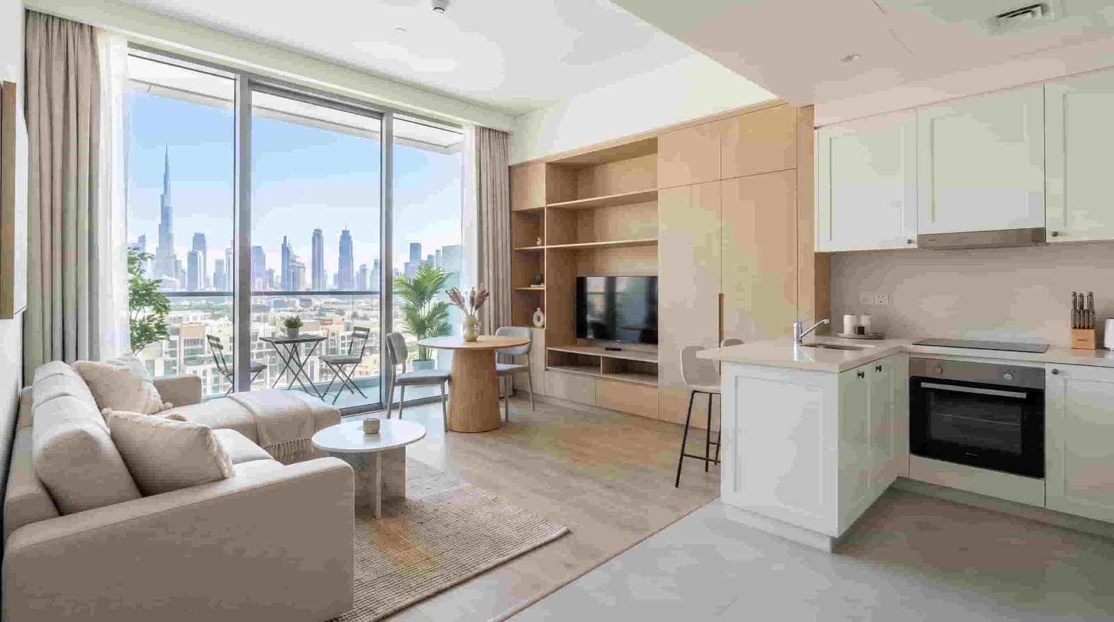 Bright apartment living area with a balcony in Dubai