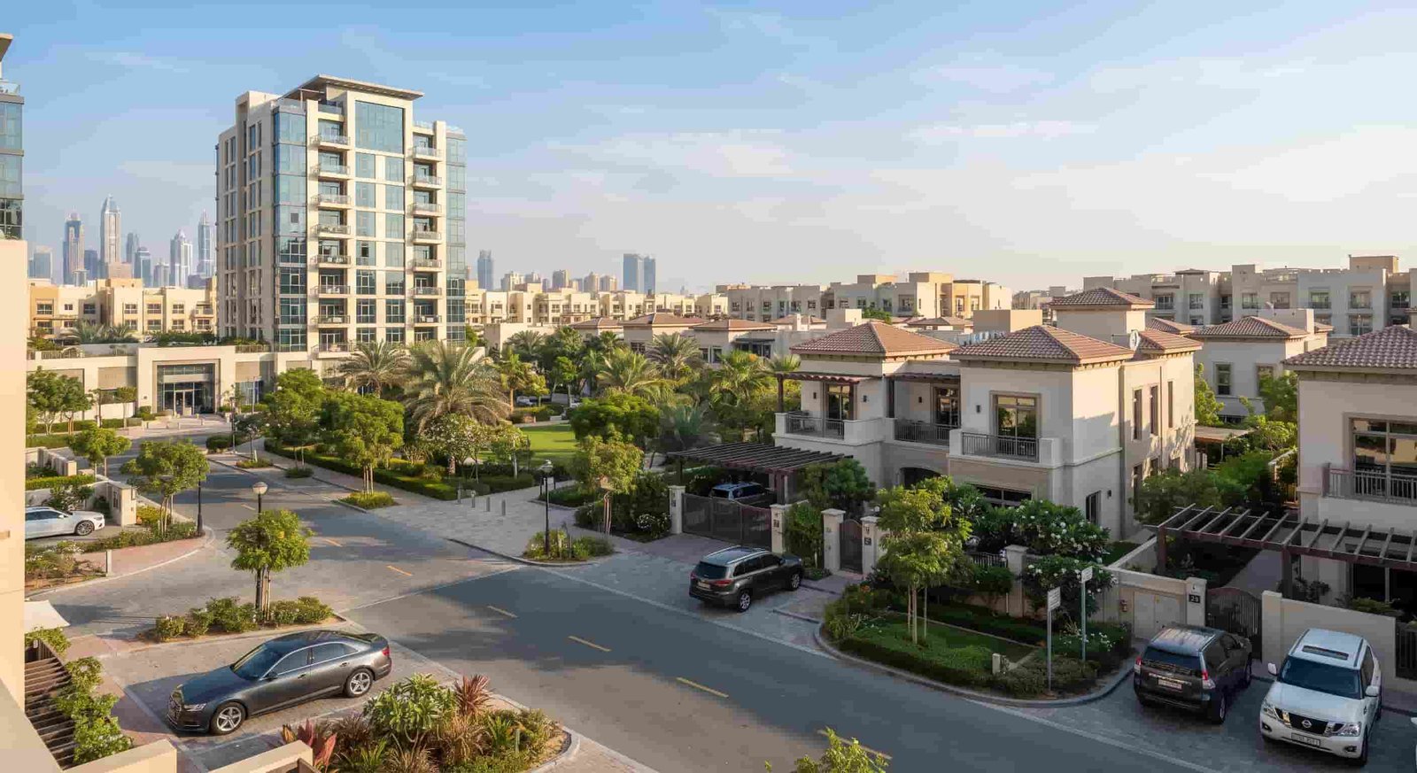 Dubai apartment building viewed from a residential neighborhood